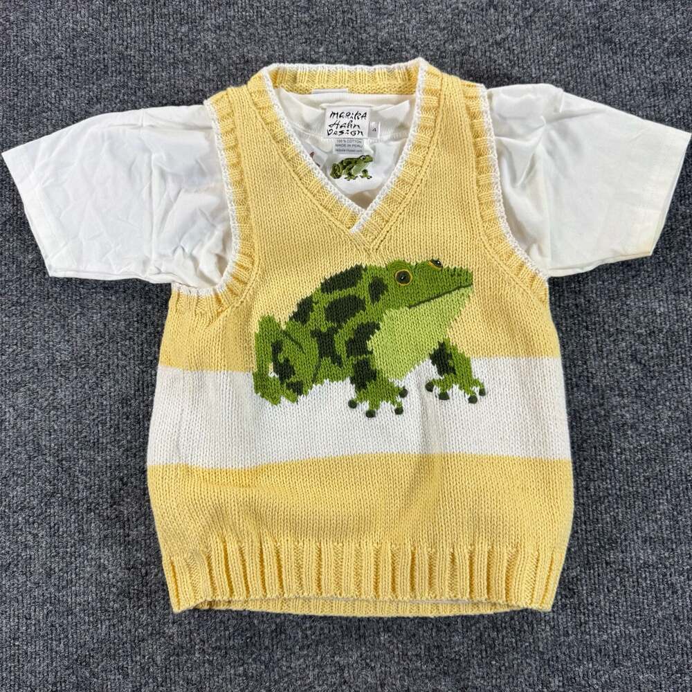 Marika Hahn Design Frog Motif Striped Knit Sweater Vest w/ T-Shirt New